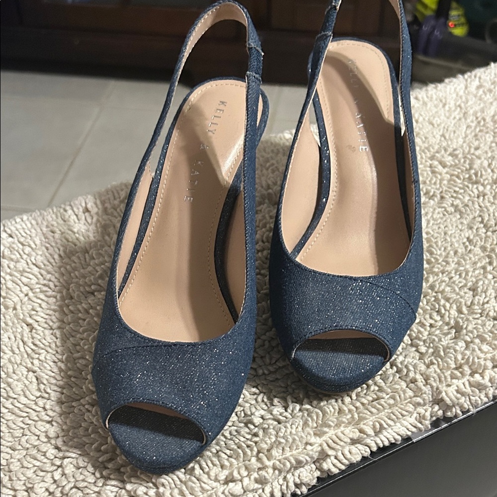Kelly & Katie Glittery Denim Slingback Heels Sz 7.5